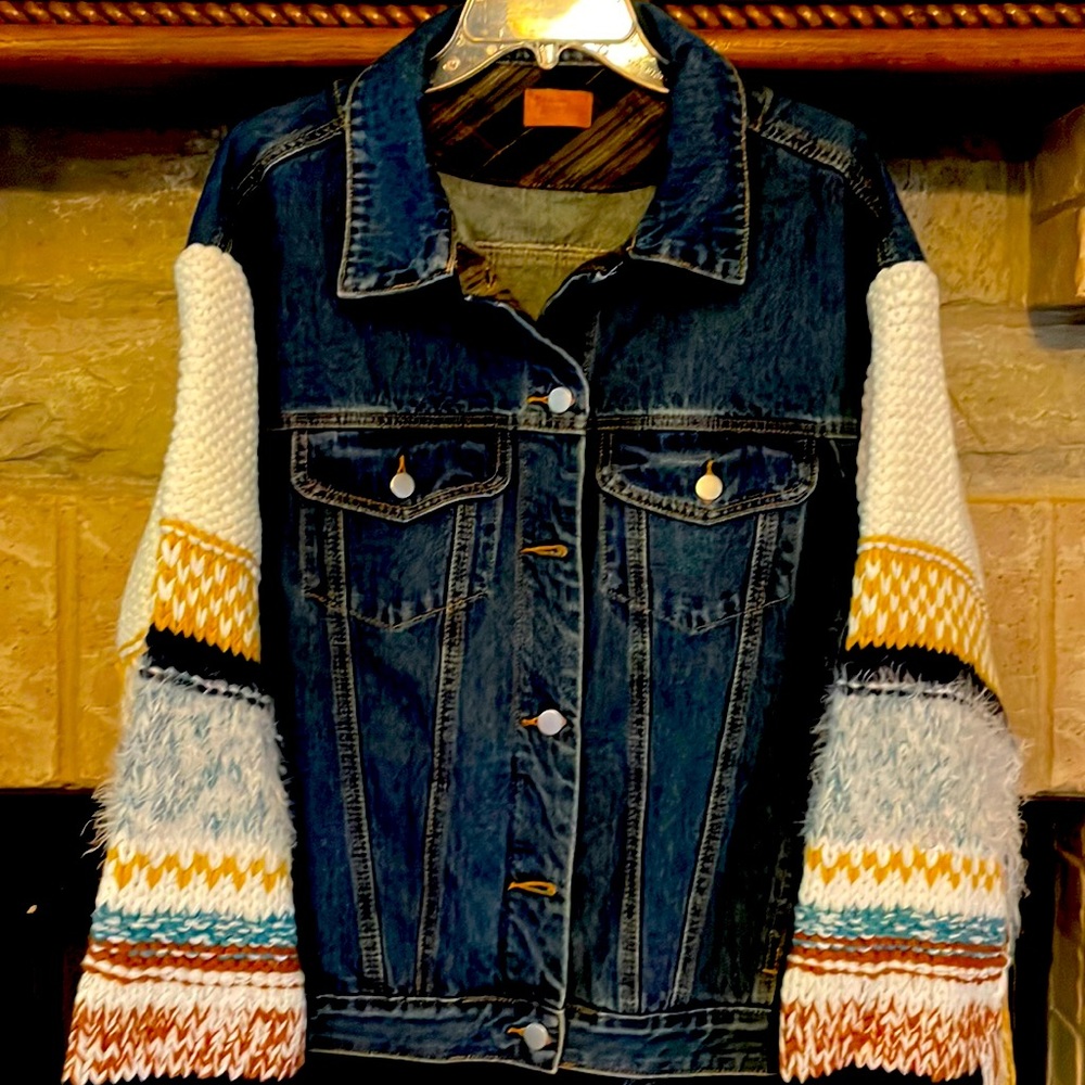 Denim jacket with knit sleeves